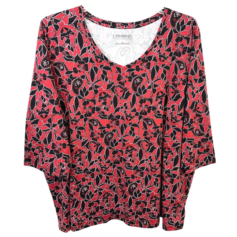 Catherines Plus Size 2X Top Suprema Collection Red Black Floral Office 351